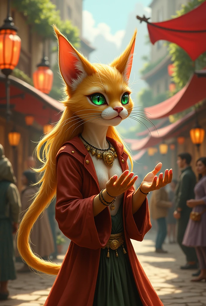 D&d tabaxi with blonde fur, female humanoid, with long blonde hair, with green eyes, simple arcane trickster
