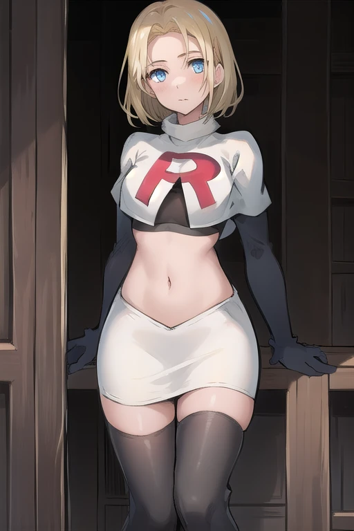 best quality, (masterpiece:1.2), illustration, absurdres, (1girl, solo, beautiful detailed girl),
Theresia Caroline, short hair, blonde hair, blue eyes, medium breasts,
garrison cap, team rocket,team rocket uniform,white skirt,red letter R,crop top,black thigh-highs,black elbow gloves,
looking at viewer,