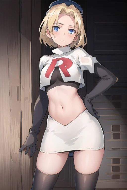 best quality, (masterpiece:1.2), illustration, absurdres, (1girl, solo, beautiful detailed girl),
Theresia Caroline, short hair, blonde hair, blue eyes, medium breasts,
garrison cap, team rocket,team rocket uniform,white skirt,red letter R,crop top,black thigh-highs,black elbow gloves,
looking at viewer,