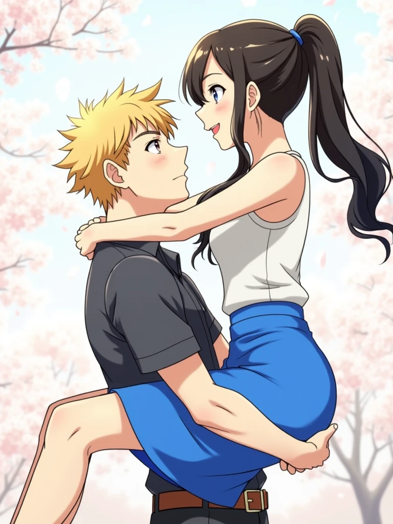 Two people, An adult blond guy with brown eyes, Beautiful inflated body, is holding and hugging an adult girl with long black hair pulled back in a ponytail and blue eyes., anime art, masterpiece, realistically
