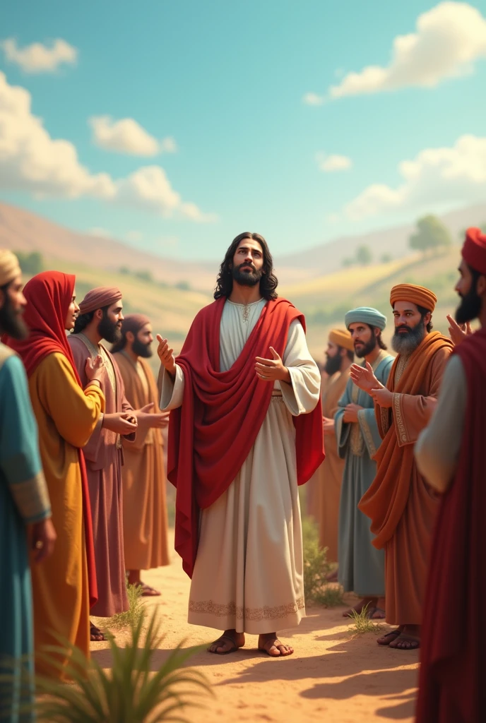 Biblical character Jesus speaking to the ladies and gentlemen in a 3d art style