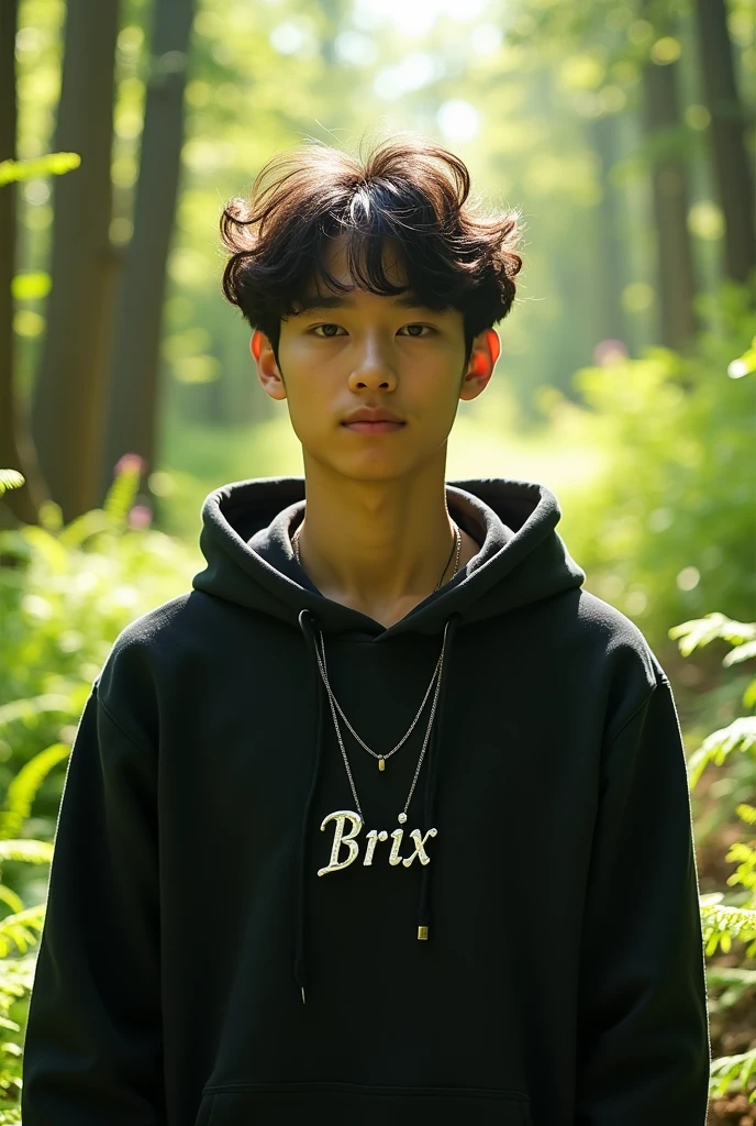 korean man 18 years old curly hair in the forest with a necklace silver name brix
