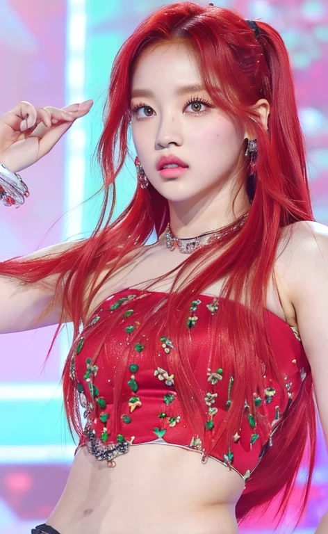 un primer plano de una persona con cabello rojo y un micrófono y ojos verde claro, ((green like eyes)), jia, jossi de blackpink, jisoo de blackpink, parque roseanne de blackpink, Estético!!!!!! genio femenino, Jisoo de Blackpink, sun yunjoo, portrait of jossi de blackpink, ella tiene el pelo largo color naranja, vistiendo traje rojo, con el pelo largo y rojo, jinyoung shin, ídolo coreano, rojo vibrante, Lalisa Manoban de Blackpink,(beautiful makeup :1.2), Wide hips, big, big ass, (best quality, 8K, masterpiece: 1.3), Clear focus: 1.2, Perfect body beauty: 1.4, strong abs, Very detailed face and skin texture. , detailed eyes, double eyelids, (long hair), having very marked curves, with greater volume in ((hips and breasts)), which makes the waist look much smaller ((wasp waist)).