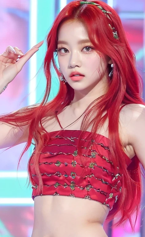 un primer plano de una persona con cabello rojo y un micrófono y ojos verde claro, ((green like eyes)), jia, jossi de blackpink, jisoo de blackpink, parque roseanne de blackpink, Estético!!!!!! genio femenino, Jisoo de Blackpink, sun yunjoo, portrait of jossi de blackpink, ella tiene el pelo largo color naranja, vistiendo traje rojo, con el pelo largo y rojo, jinyoung shin, ídolo coreano, rojo vibrante, Lalisa Manoban de Blackpink,(beautiful makeup :1.2), Wide hips, big, big ass, (best quality, 8K, masterpiece: 1.3), Clear focus: 1.2, Perfect body beauty: 1.4, strong abs, Very detailed face and skin texture. , detailed eyes, double eyelids, (long hair), having very marked curves, with greater volume in ((hips and breasts)), which makes the waist look much smaller ((wasp waist)).