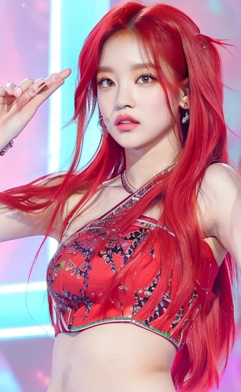 un primer plano de una persona con cabello rojo y un micrófono y ojos verde claro, ((green like eyes)), jia, jossi de blackpink, jisoo de blackpink, parque roseanne de blackpink, Estético!!!!!! genio femenino, Jisoo de Blackpink, sun yunjoo, portrait of jossi de blackpink, ella tiene el pelo largo color naranja, vistiendo traje rojo, con el pelo largo y rojo, jinyoung shin, ídolo coreano, rojo vibrante, Lalisa Manoban de Blackpink,(beautiful makeup :1.2), Wide hips, big, big ass, (best quality, 8K, masterpiece: 1.3), Clear focus: 1.2, Perfect body beauty: 1.4, strong abs, Very detailed face and skin texture. , detailed eyes, double eyelids, (long hair), having very marked curves, with greater volume in ((hips and breasts)), which makes the waist look much smaller ((wasp waist)).