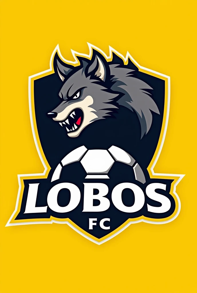 Create a logo for a yellow soccer team, in the center there should be a ball split in half and in the middle a fierce wolf coming out, the logo should say: LOBOS FC .