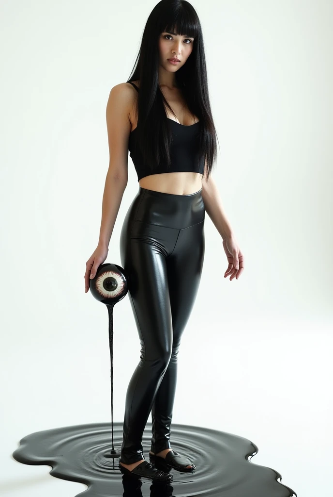 A woman in shiny black tight pants, with long straight black hair and bangs, stands holding a hand-sized eyeball with black liquid coming out of it in her right hand. Black liquid swirls around her on the ground. The background and ground are plain white.