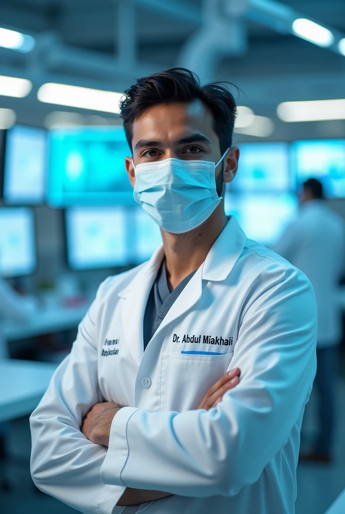 A young Digital Doctor wearing a surgical mask and a white coat written  "Dr.Abdullah Miakhail".   
in black colour perfectly and exactly on its Left side and showing this written quote on his white coat left side 