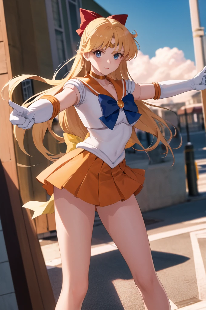 masterpiece, best quality, highres, sv1, sailor senshi uniform, orange skirt, elbow gloves, tiara, pleated skirt, miniskirt, red bow, orange choker, white gloves, jewelry, outdoors, street, cowboy shot, leaning forward, pointing at viewer,