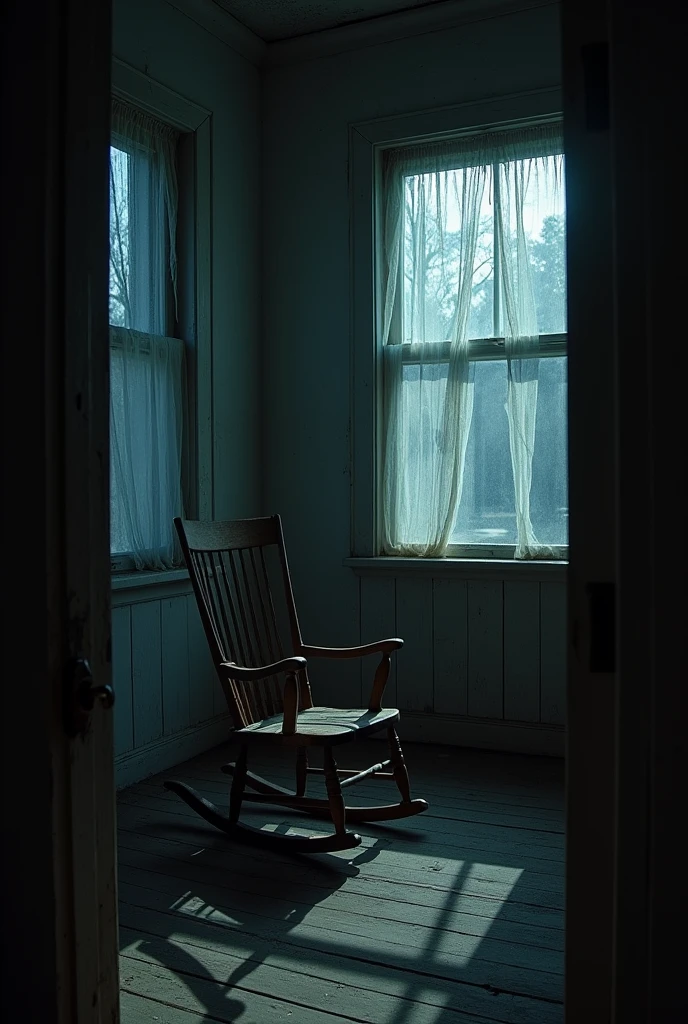 Create an image of a wooden rocking chair in the background of an old, abandoned room. It's nighttime and very dark.
