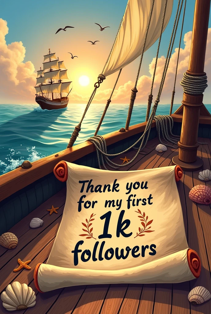 create an image with a nautical theme use the exact inscription without changes: Thank you for my first 1k followers