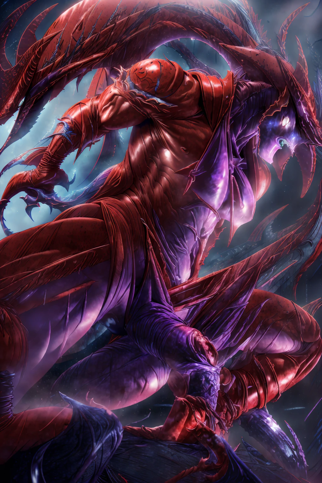 (high resolution,High definition,High Resolution,8k,Carefully depicted in every detail)Red body,Blue hood,Slender and huge muscles,armor,Ready your spear,bulging muscles,Evil atmosphere,Huge penis,Possessed by a demon, losing sanity,Gritting your teeth,Sharp teeth,Purple glowing eyes,A gloomy aura,Lots of drool