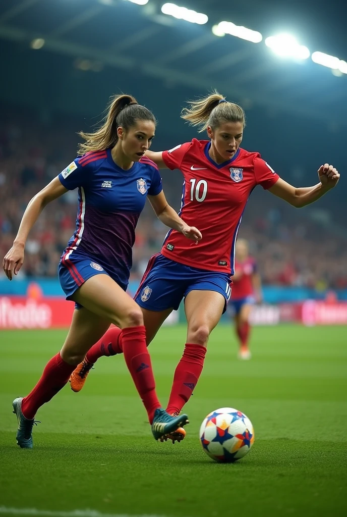 Realistic women in a women's soccer uniform kicking a rival in the stomach, injuring her