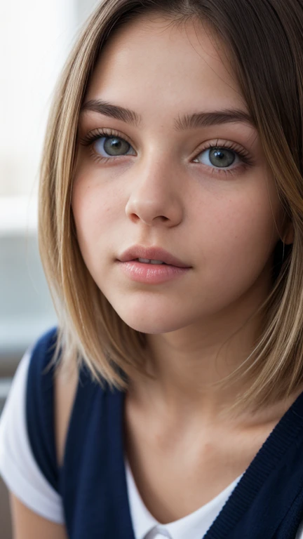 ((Ultra Detail)), Beautiful Art, 18 yo blonde teen girl . Full lips. Eyes wide. ((Very short hair)), uhd, high details, best quality, School uniform