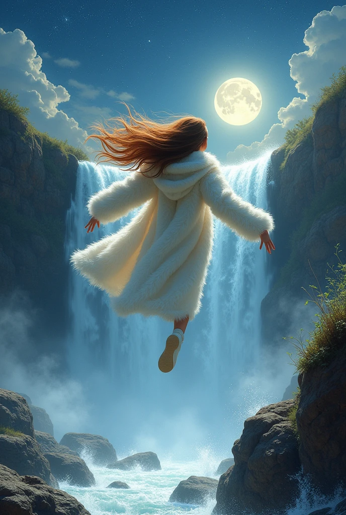 Create an 18 year old girl with a brown complexion, brown hair, wearing a fluffy coat and boots, flying over a waterfall with superpowers to fly to the moon and the starry sky, very realistic.