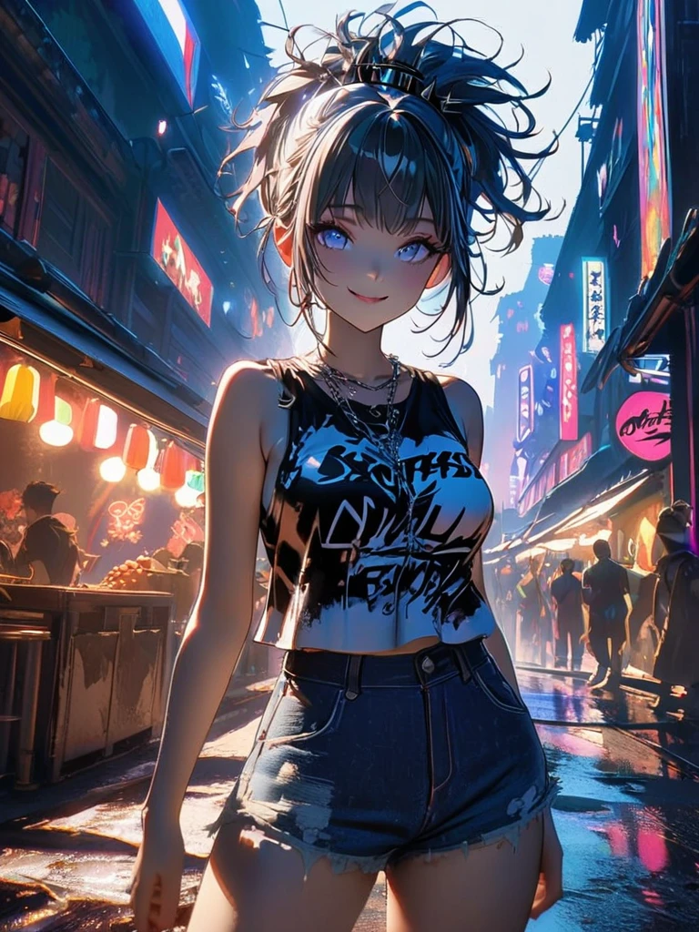 1 person, chromatic aberration, Written boundary depth, Soft Light, masterpiece, Highest quality, complicated, Tone Mapping, A place where fireworks are set off at festivals. Concept Art, Smooth, Clear focus, Dramatic lighting, Very cinematic, super practical painting, アートステーション's trending, 8k, Incredible Shadows, practical, whole body, View, Viewers, Portrait of a Girl 1, standing on street corner, Heavy rain and lightning、Dark Sky, neon and cyber punk background, she is dressed in punk clothing with silver chains and silver spikes, sheの髪は明るい茶色に染められていた.......................Ominous aura of light, smile, punk, ciber punk, Backlight.Fashionable clothes、Friendly dress code: she、sheは、I'm wearing a cute blue denim sleeveless top with an open back and denim shorts.。.。...My breasts are a little big.