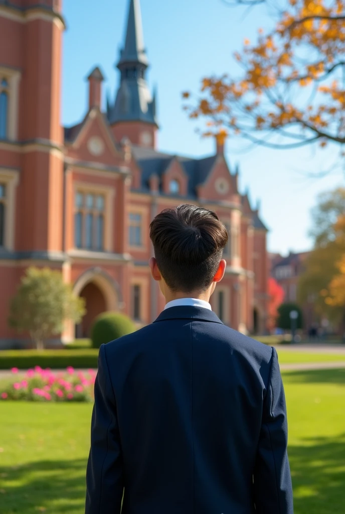 Student in uniform facing the school with their back to it