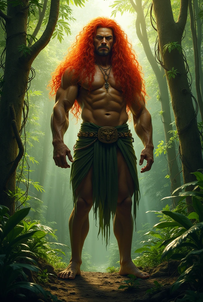 Creation of the Curupira from Brazilian folklore in the Amazon rainforest, with a serious expression , feet backwards and vibrant red hair with human features and adult