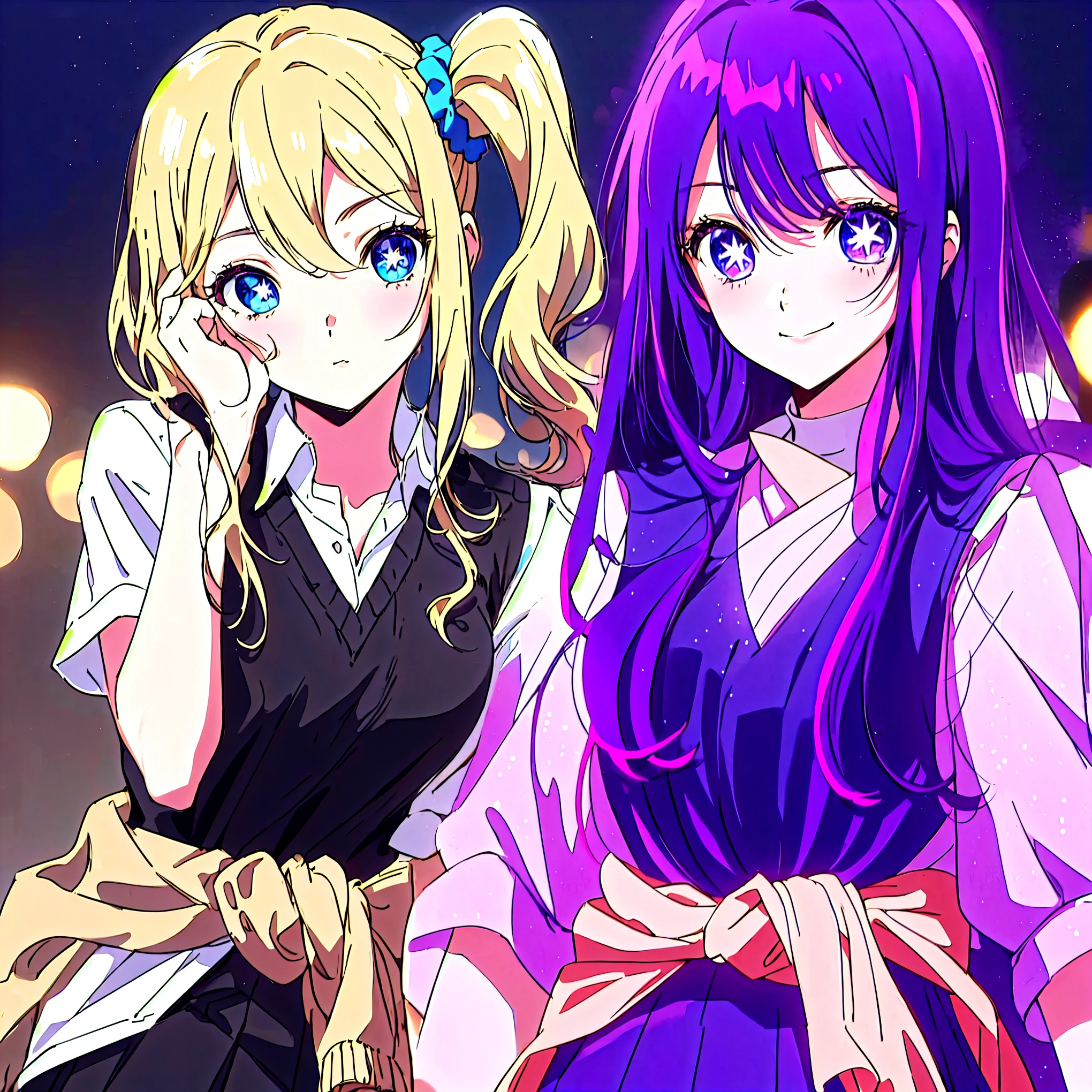 score_9, score_8_up, score_7_up, score_6_up, source anime, 2 girls .
On the left,  [hysk, blue eyes, blonde hair, side ponytail, blue scrunchie, black vest, black skirt, white shirt, cardigan around waist, ai hayasaka]


On the right, [hoshino ai, purple eyes, purple hair, star-shaped pupils, symbol-shaped pupils, long hair,ai hoshino, star-shaped_pupils, hair down,]

 casual home outfits, casual cozy clothes,(2 girls),  Sfw, s4K, 8K, dynamip picture,  casual, happy, bokeh,