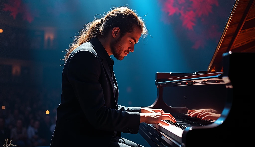 a musician playing classical music, detailed eyes and face, beautiful lips, emotional expression, dramatic lighting, dramatic composition, dramatic chiaroscuro lighting, cinematic lighting, oil painting, highly detailed, intricate detail, masterpiece, photorealistic, 8k, ultra-detailed, sharp focus, vivid colors, dramatic colors, dynamic pose, intense gaze, classical music, solo musician