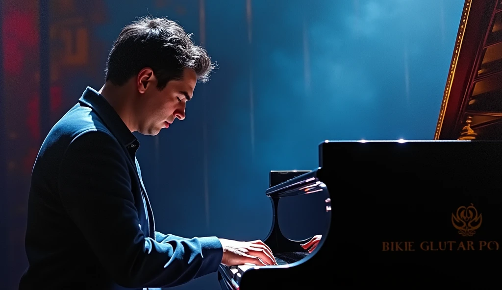 a musician playing classical music, detailed eyes and face, beautiful lips, emotional expression, dramatic lighting, dramatic composition, dramatic chiaroscuro lighting, cinematic lighting, oil painting, highly detailed, intricate detail, masterpiece, photorealistic, 8k, ultra-detailed, sharp focus, vivid colors, dramatic colors, dynamic pose, intense gaze, classical music, solo musician