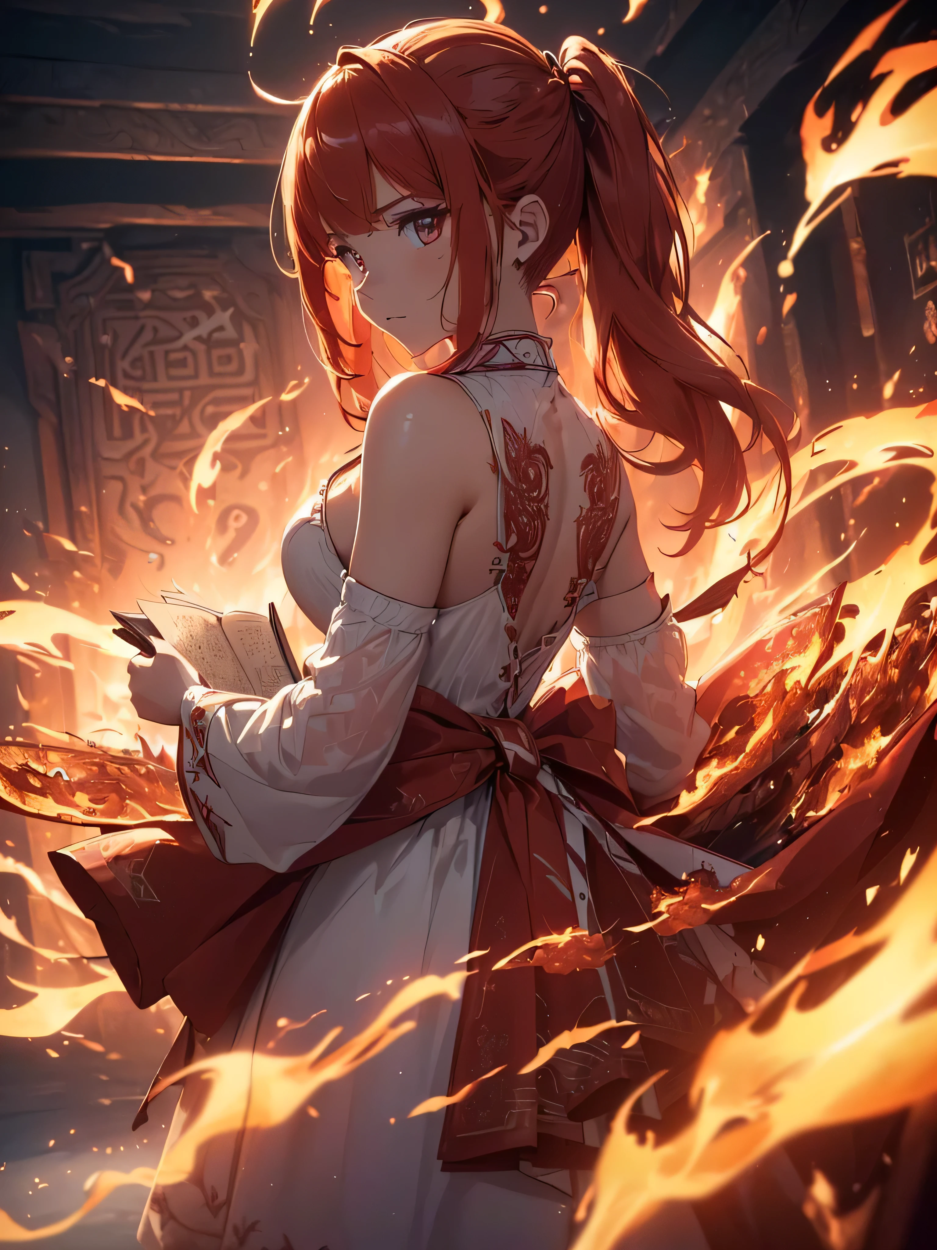 (((best quality, sharp image, clear image, cinematic lighting, 8k resolution, masterpiece, ultra detailed, intricate))) Girl, (((looking over right shoulder))), (shot from behind), ((half shot)), fiery red hair, pigtails, (white dress), ((flaming sigils, flaming runes)), spiky rock formations, flaming lotus flowers, busy background, (swirling flames).