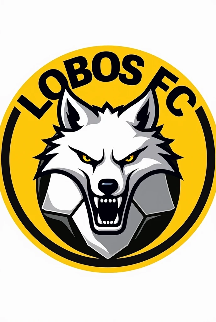 Create a logo for a yellow soccer team, in the center there should be a ball split in half and in the middle a fierce white wolf coming out, the logo should say: LOBOS FC  .