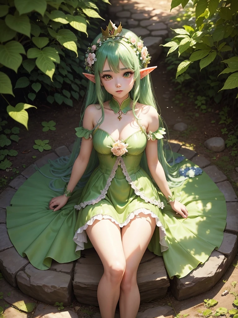 with green hair and a crown of flowers sits on the ground covered in leaves, leaf,leafで作られたドレス,美しいFairy, Fairyの肖像画, Fairyの肖像画, 美しいFairy, Fairyの美学, 美しいFairys, Elf Girl wearing an flower suit, 森のFairy, Fairy, 森のFairy, 美しい大人のFairy, Elf Princess, Elf Girl, Beautiful fantasy art, Fairyの十代の少女