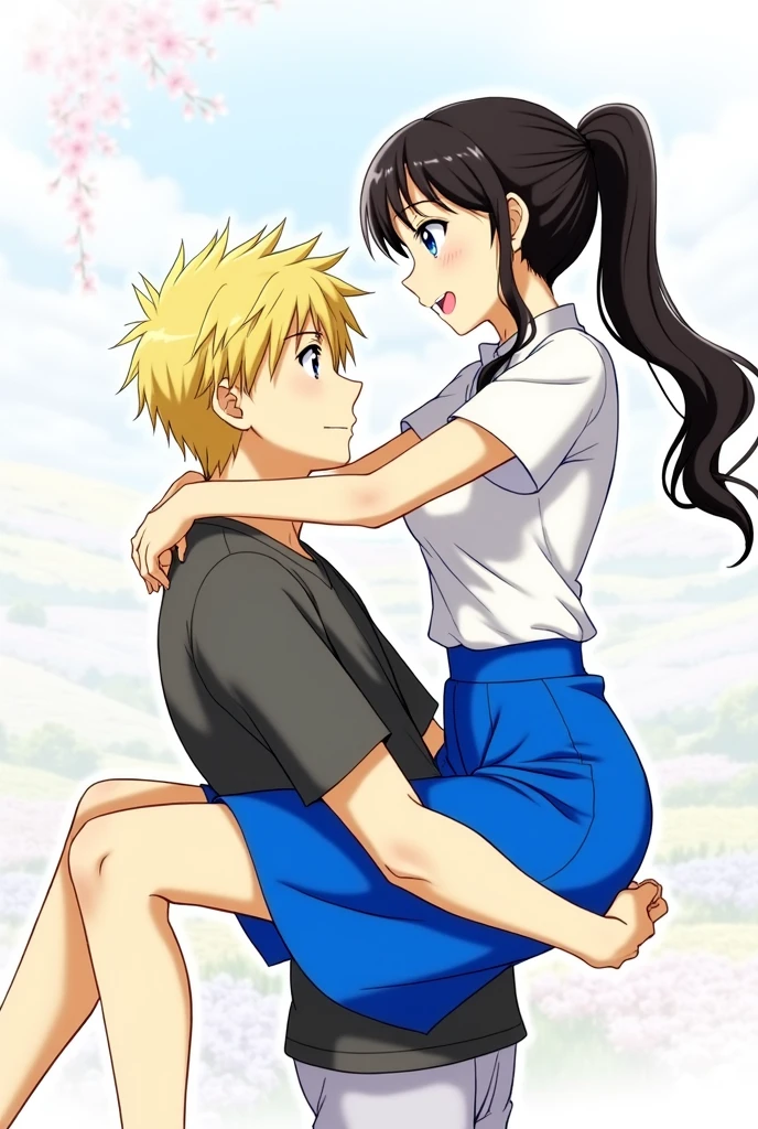 Two people, An adult blond guy with brown eyes, Beautiful inflated body, is holding and hugging an adult girl with long black hair pulled back in a ponytail and blue eyes., anime, masterpiece, realistically