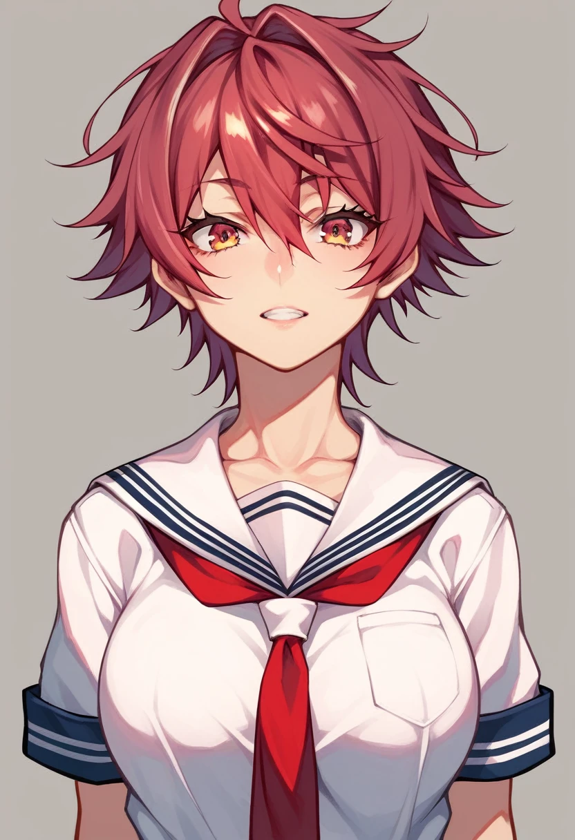 A drawing of a woman with short hair wearing a sailor uniform, Anime Sketch, Half Body Portrait, Rough pencil sketch, His cartoon portrait, Half Body Portrait, fubuki, face Anime Portrait, by Rei Kamoi, portrait of anime woman, Half-length portrait, Anime Portrait, androgynous face, Anime Character Portraits, Line art!!、Maroon hair、、Big Breasts、