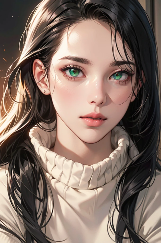 a girl with long straight gray black hair,beautiful detailed green eyes,beautiful detailed lips,extremely detailed face and features,pale white skin,pink lips,wearing a black and yellow sweater,photorealistic,masterpiece,extremely detailed,intricate detail,ultra-realistic,sharp focus,best quality,highly detailed,cinematic lighting,warm color palette,natural lighting