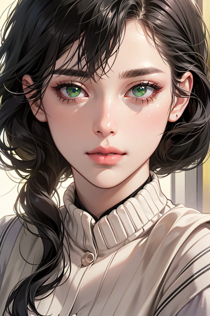 a girl with long straight gray black hair,beautiful detailed green eyes,beautiful detailed lips,extremely detailed face and features,pale white skin,pink lips,wearing a black and yellow sweater,photorealistic,masterpiece,extremely detailed,intricate detail,ultra-realistic,sharp focus,best quality,highly detailed,cinematic lighting,warm color palette,natural lighting