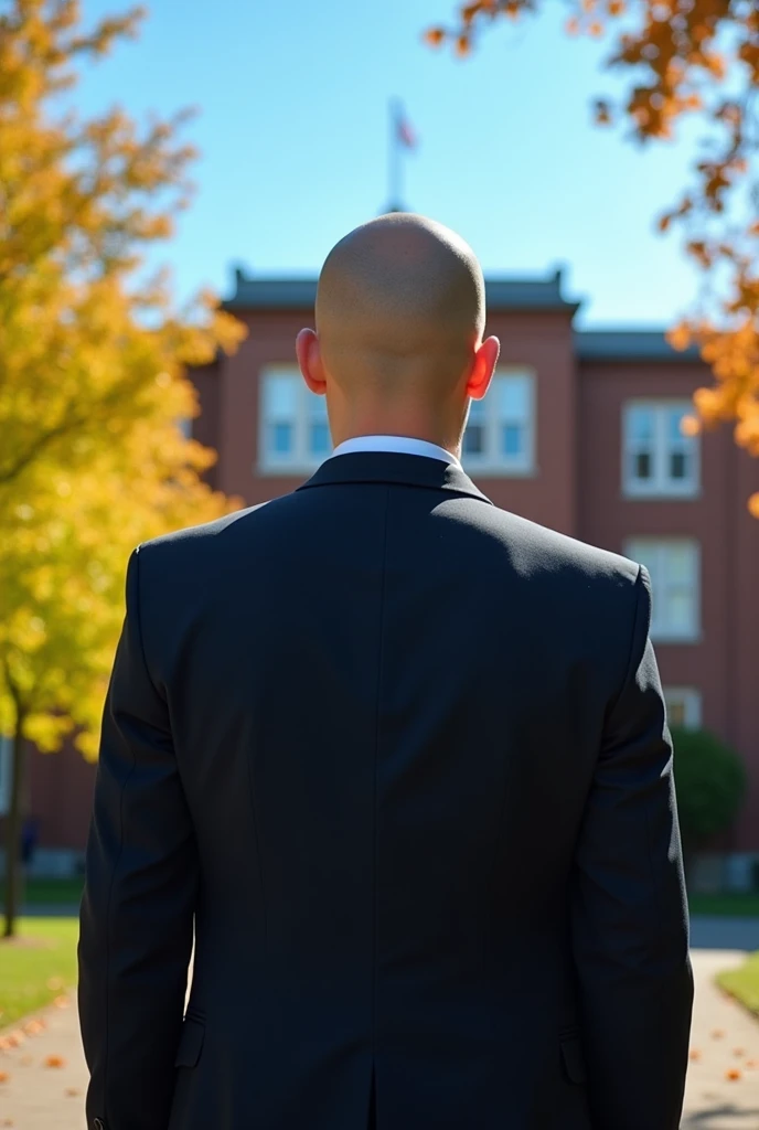A student in uniform standing in front of the school with their back to the camera, bald.