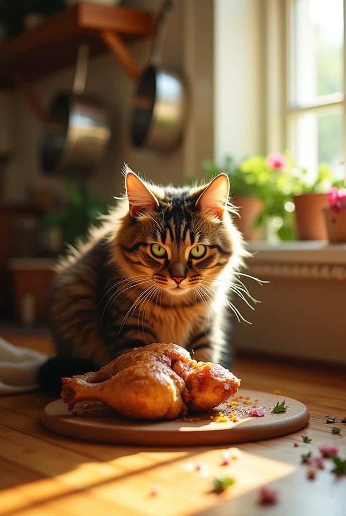 The cat eats chicken.