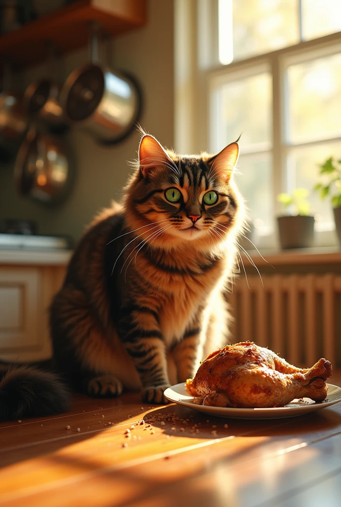 The cat eats chicken.
