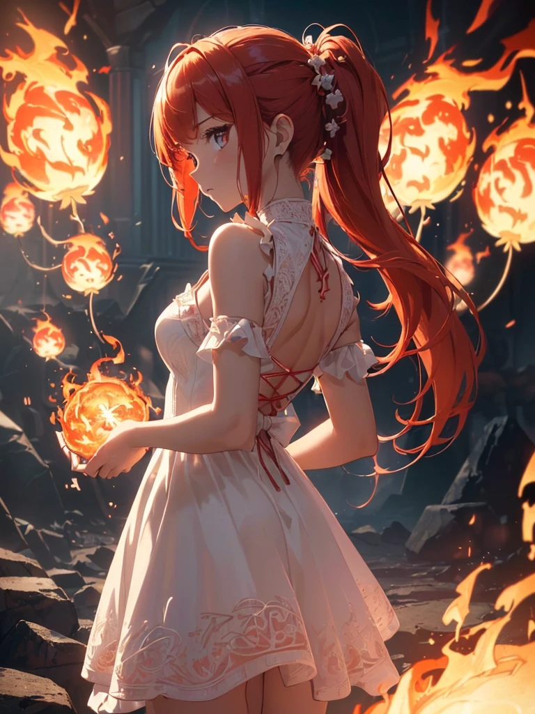 (((best quality, sharp image, clear image, cinematic lighting, 8k resolution, masterpiece, ultra detailed, intricate))) Girl, (((looking over right shoulder))), (shot from behind), ((half shot)), fiery red hair, pigtails, (white dress), ((flaming sigils, flaming runes)), spiky rock formations, (flaming lotus flowers), busy background, (swirling flames).
