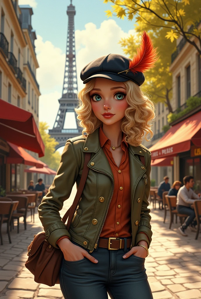 Beret with a feather and a messenger underneath