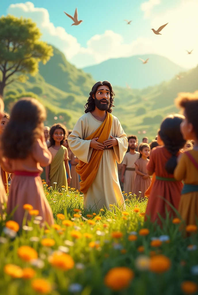 Biblical character Jesus speaking to people in a 3D Pixar 4D art style