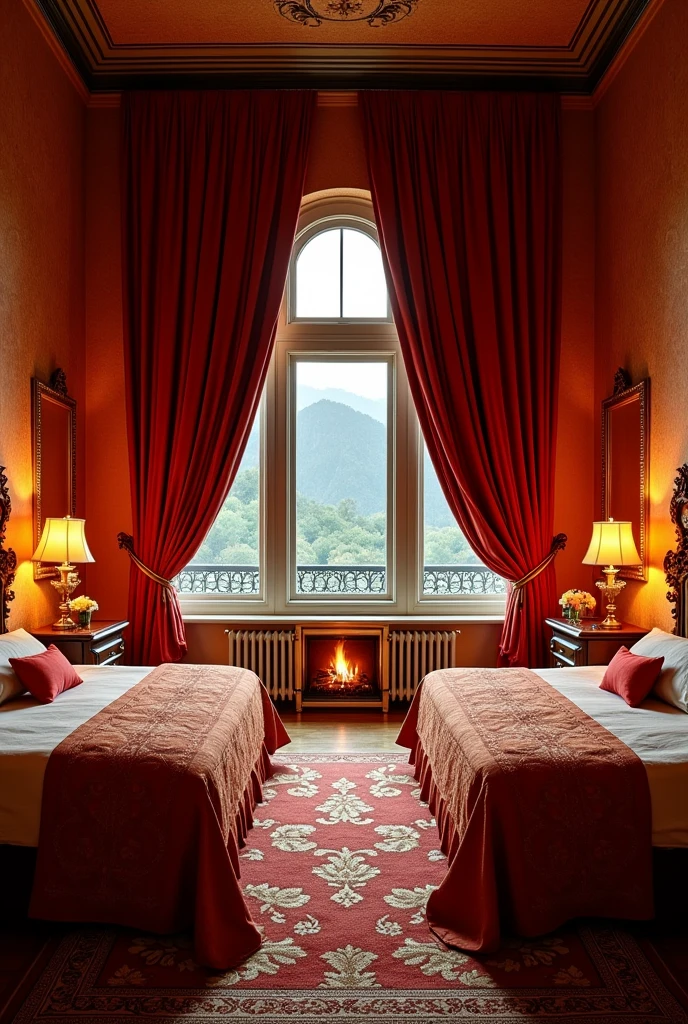 the large bedroom has 2 single beds, one on each wall. The walls are covered with rich fabrics in warm tones such as red, orange and gold. Beds are large and sophisticated, with ornate headboards that often include details that evoke flames. The sheets and blankets are made of high quality materials, with patterns that imitate the heat of a fire. Each room is equipped with a smaller fireplace or heat source, providing a comfortable and welcoming environment. The windows allow for a spectacular view and can be decorated with heavy curtains that help maintain privacy and the internal temperature. The decor is elegant, with furniture and accessories that complement the fire theme and create a comfortable space for residents.