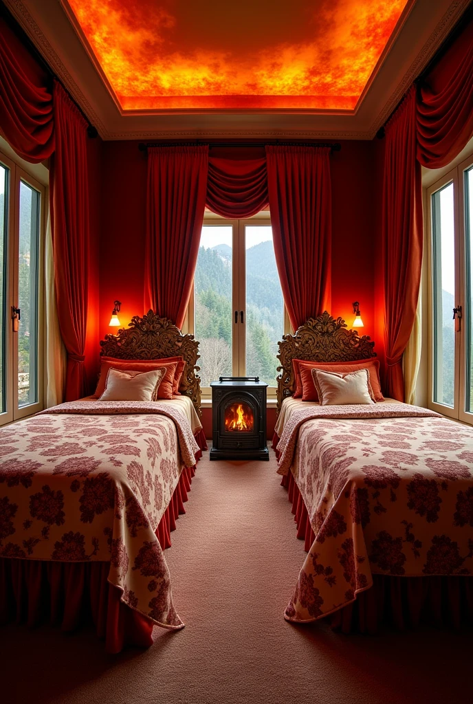 the large bedroom has 2 single beds, one on each wall. The walls are covered with rich fabrics in warm tones such as red, orange and gold. Beds are large and sophisticated, with ornate headboards that often include details that evoke flames. The sheets and blankets are made of high quality materials, with patterns that imitate the heat of a fire. Each room is equipped with a smaller fireplace or heat source, providing a comfortable and welcoming environment. The windows allow for a spectacular view and can be decorated with heavy curtains that help maintain privacy and the internal temperature. The decor is elegant, with furniture and accessories that complement the fire theme and create a comfortable space for residents.