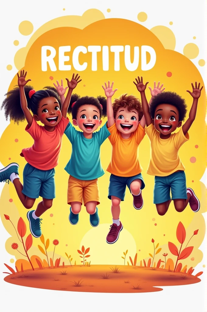 I would like to create images where the value of rectitude is demonstrated images of very happy children where there are several children about 4 or only animated images about the value children with dark and white skin but no one has yellow hair or blue eyes, that the children are jumping happily and wearing sportswear, cartoon children not real the image that is animated to be printed on a shirt with a round background and that says the word righteousness, So as I write to you RECTITUD I don't want it to say Rectitud
I want it to say RECTITUD in white and uppercase in the center of the image
