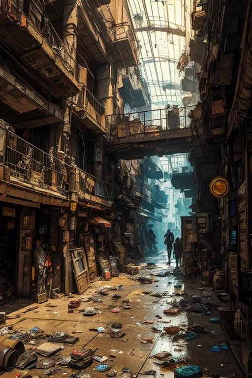 Scavenger, Cyberpunk theme, Cyberpunk setting, Dirty, Overhead view of indoor mall interior, scavenger junk and trash piles, scavengers, scattered junk