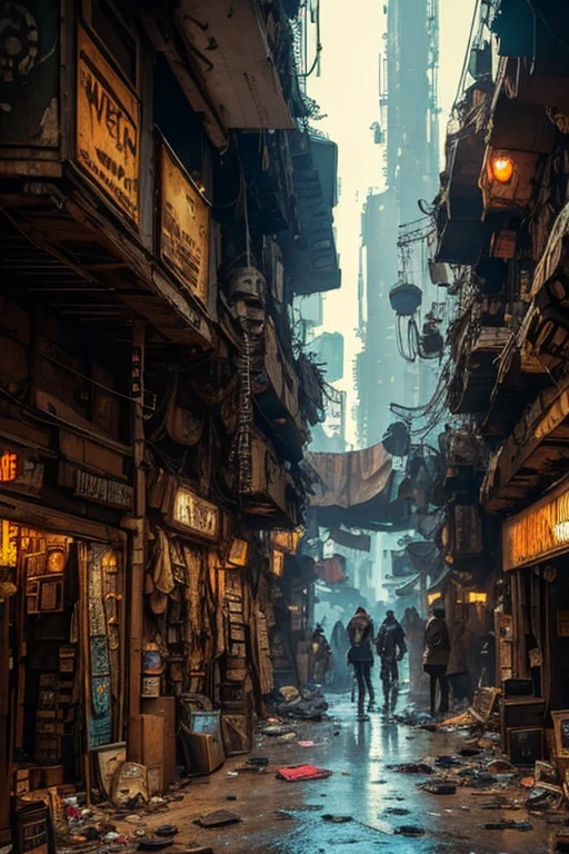 Scavenger, Cyberpunk theme, Cyberpunk setting, Dirty, Overhead view of indoor mall interior, scavenger junk and trash piles, scavengers, scattered junk