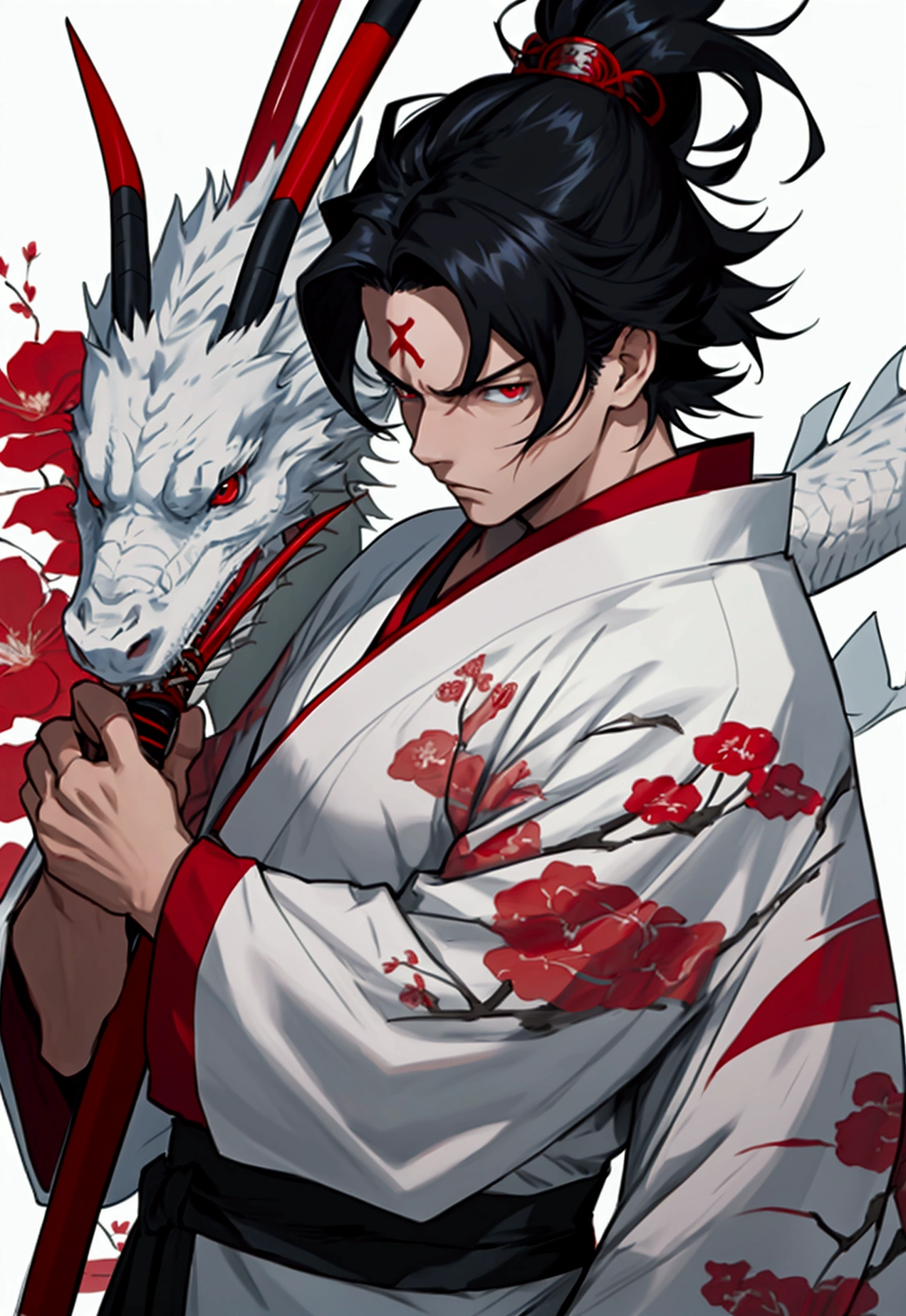 A serious anime man with black hair and blue eyes wearing a red and white kimono facing us with a stern expression, and bloom on his face. He is holding a red katana, and he has a white dragon with red eyes behind him, facing us as well, looking fierce. 