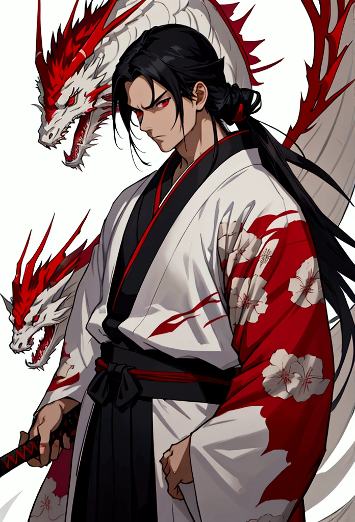 A serious anime man with black hair and blue eyes wearing a red and white kimono facing us with a stern expression, and bloom on his face. He is holding a red katana, and he has a white dragon with red eyes behind him, facing us as well, looking fierce.