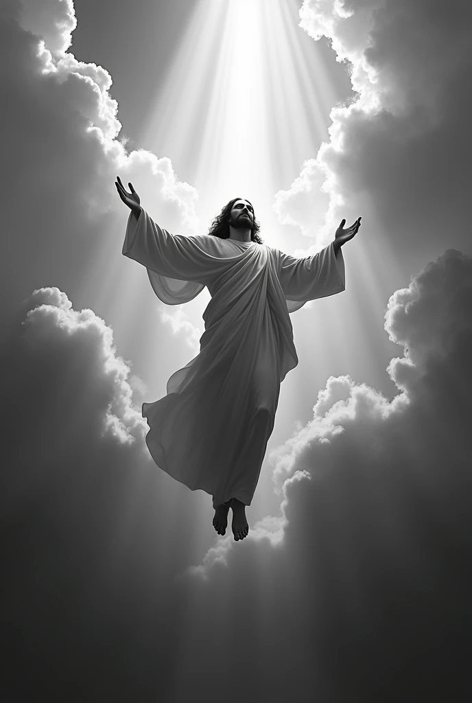 ((JESUS OF NAZERATH)) going up into the sky black and white and zoomed out