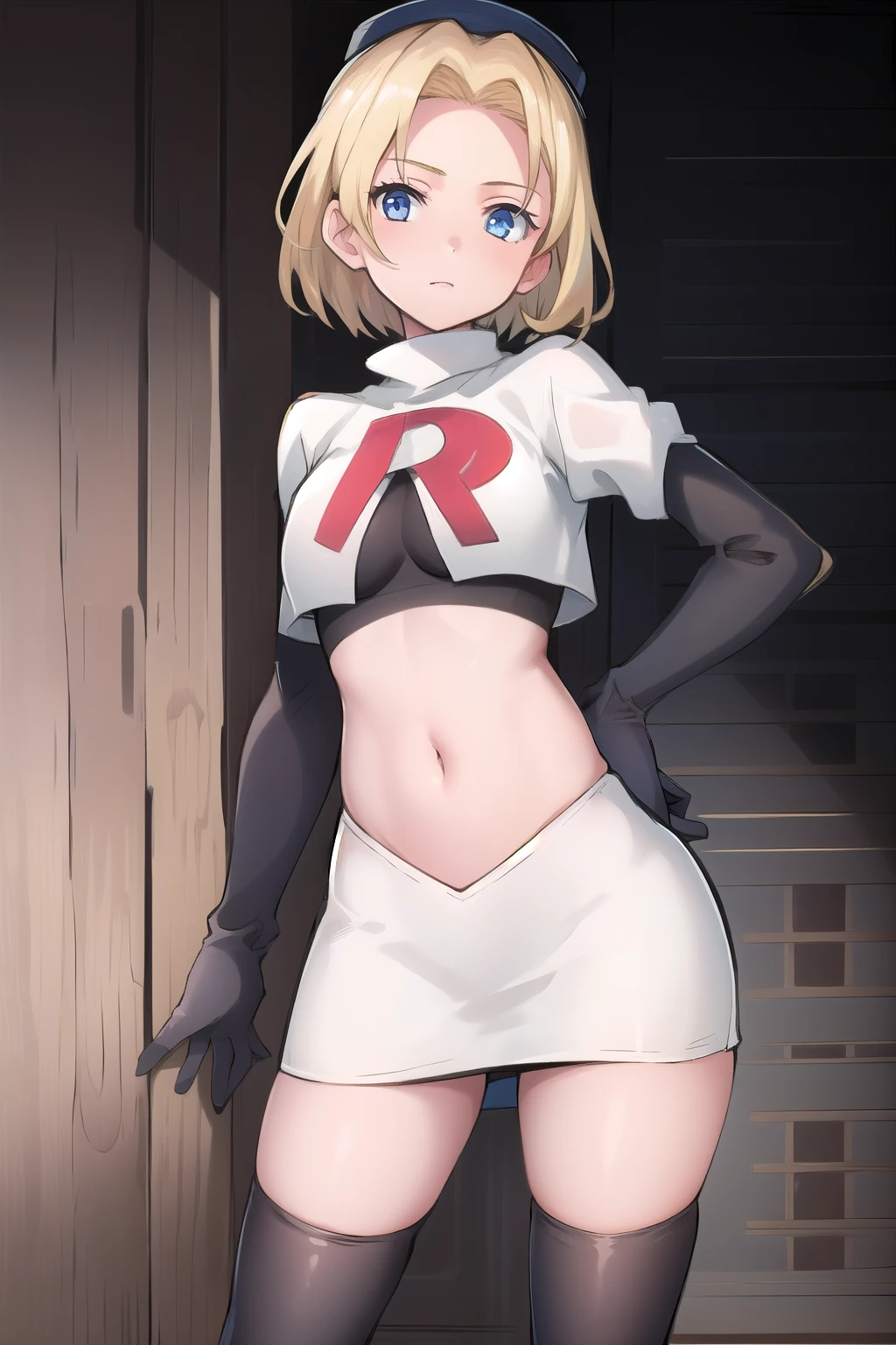 best quality, (masterpiece:1.2), illustration, absurdres, (1girl, solo, beautiful detailed girl),
Theresia Caroline, short hair, blonde hair, blue eyes, medium breasts,
garrison cap, team rocket,team rocket uniform,white skirt,red letter R,crop top,black thigh-highs,black elbow gloves,
looking at viewer,