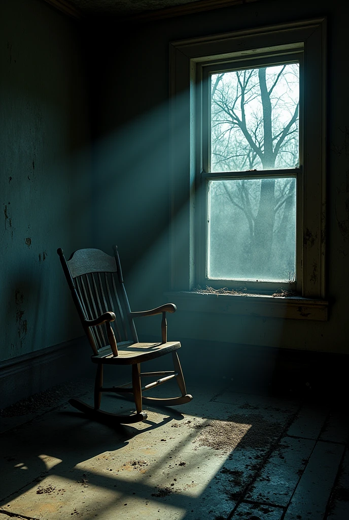 Create an image of a wooden rocking chair in the background of an old, abandoned room. It's nighttime and very dark.
