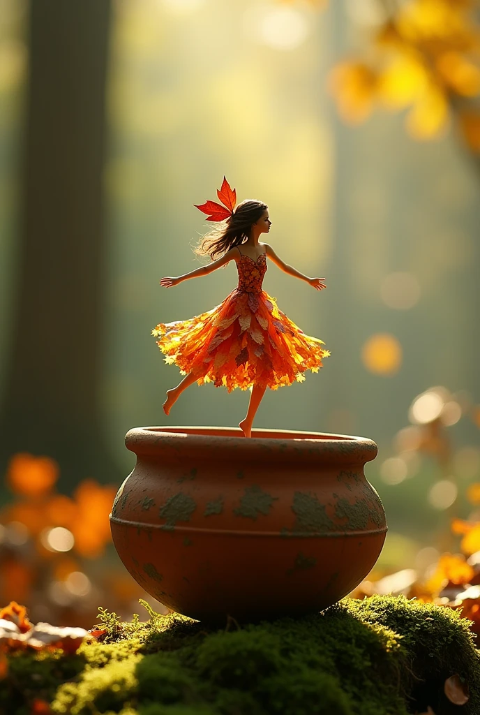 A whimsical miniature figure composed of delicately arranged autumn leaves, poised in a carefree dance on the rim of a weathered, moss-covered terracotta pot, set against a lush, vibrant forest backdrop, where dappled sunlight filters through the canopy above, casting intricate shadows. The overall aesthetic is ethereal, with warm, earthy tones of sienna, umber, and olive green, infused with hints of emerald and golden light, evoking a sense of wonder and enchantment, as if plucked from a fantastical realm.
