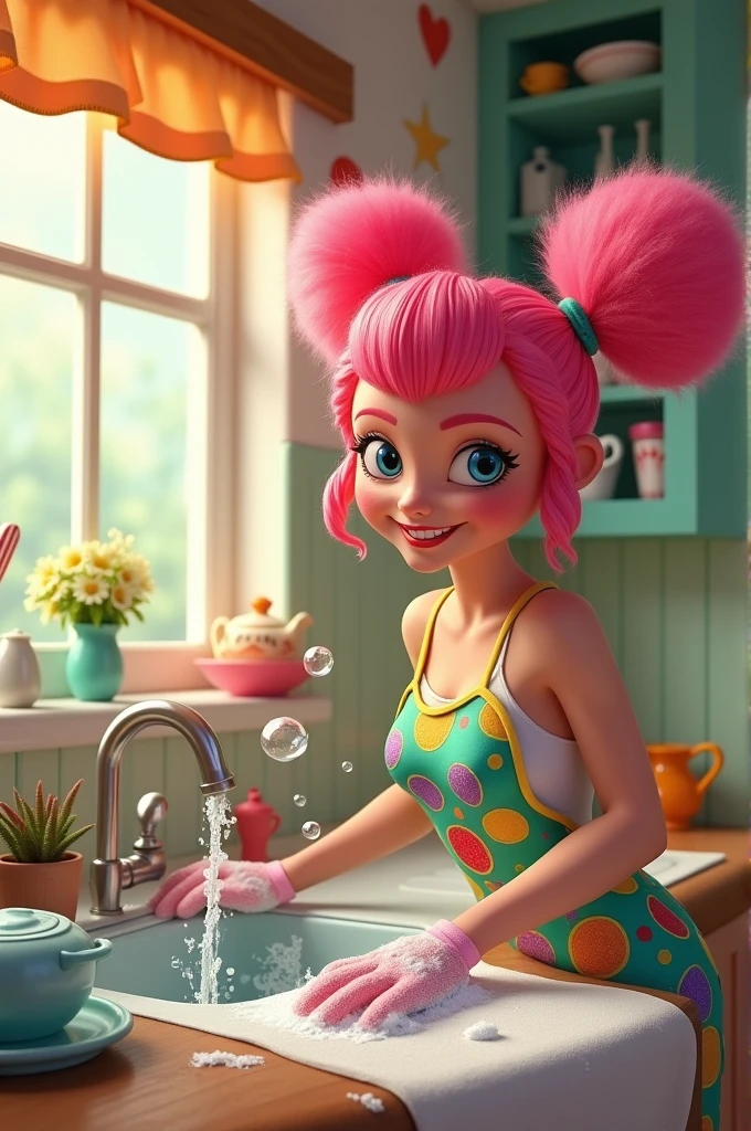 Make a bitch washing dishes with hooks on her head that are pink